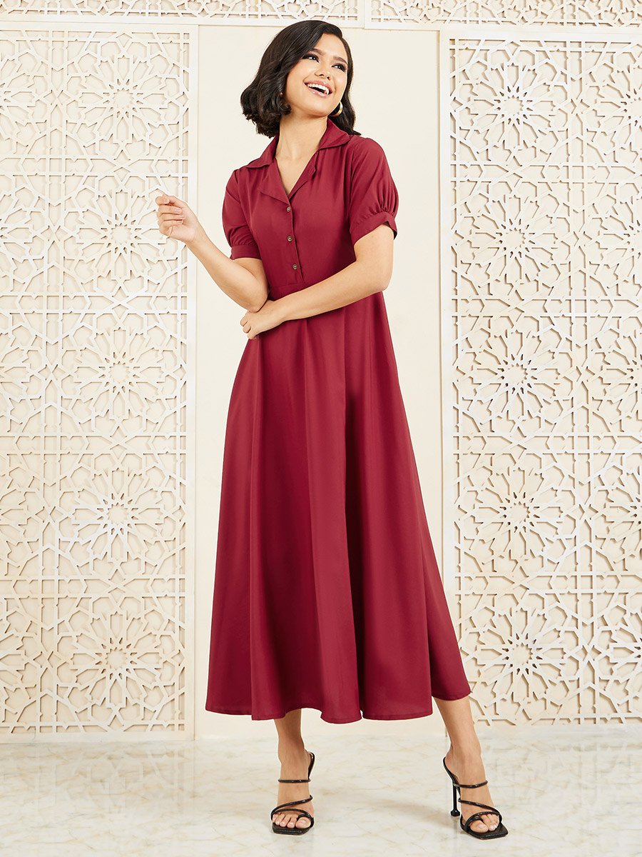 Maroon Puff Sleeve Maxi Dress with Half Placket