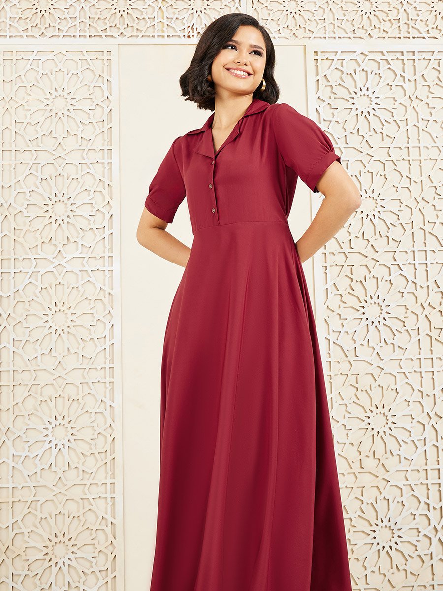 Maroon Puff Sleeve Maxi Dress with Half Placket