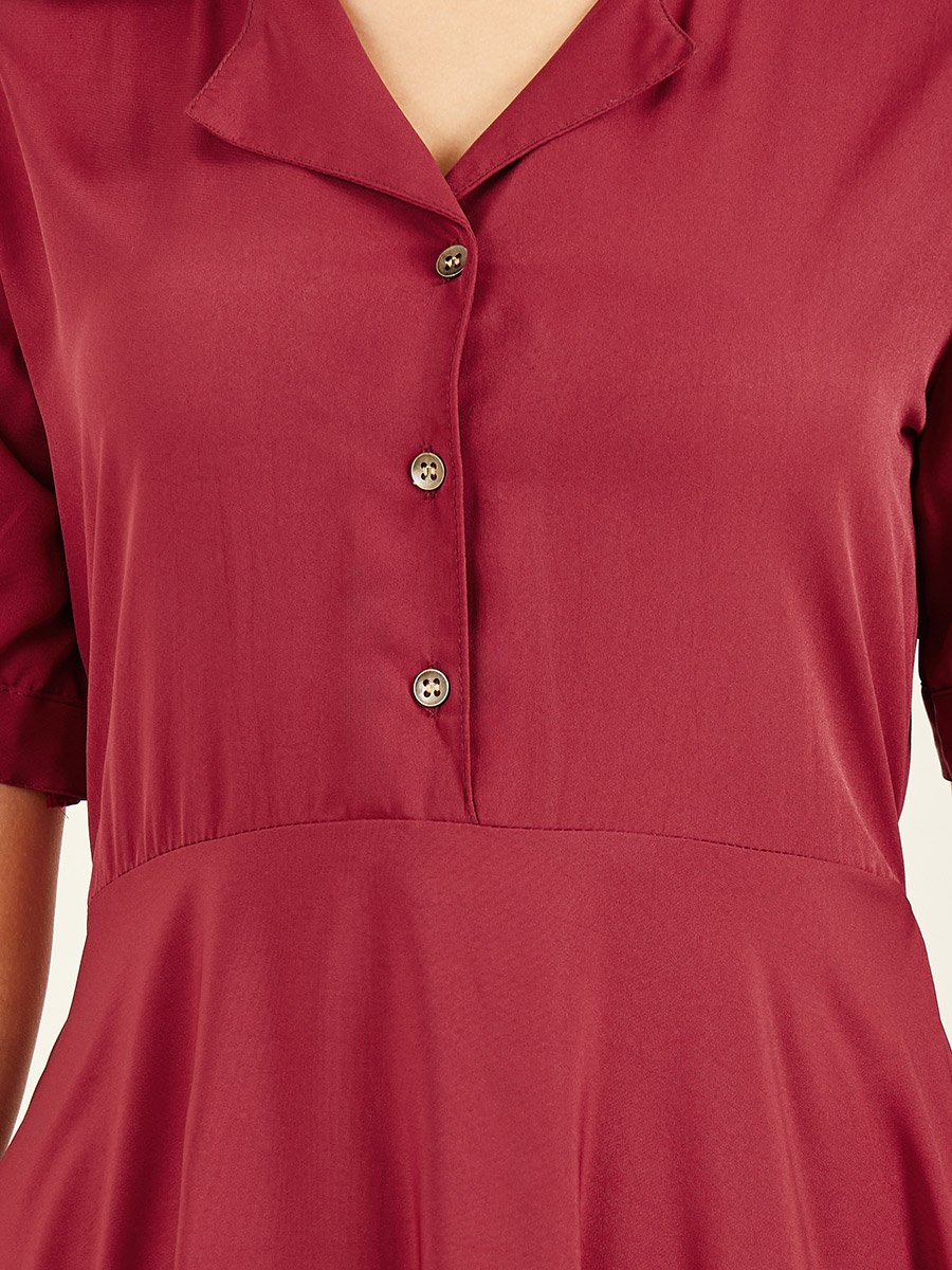 Maroon Puff Sleeve Maxi Dress with Half Placket