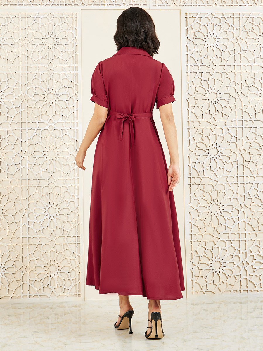 Maroon Puff Sleeve Maxi Dress with Half Placket