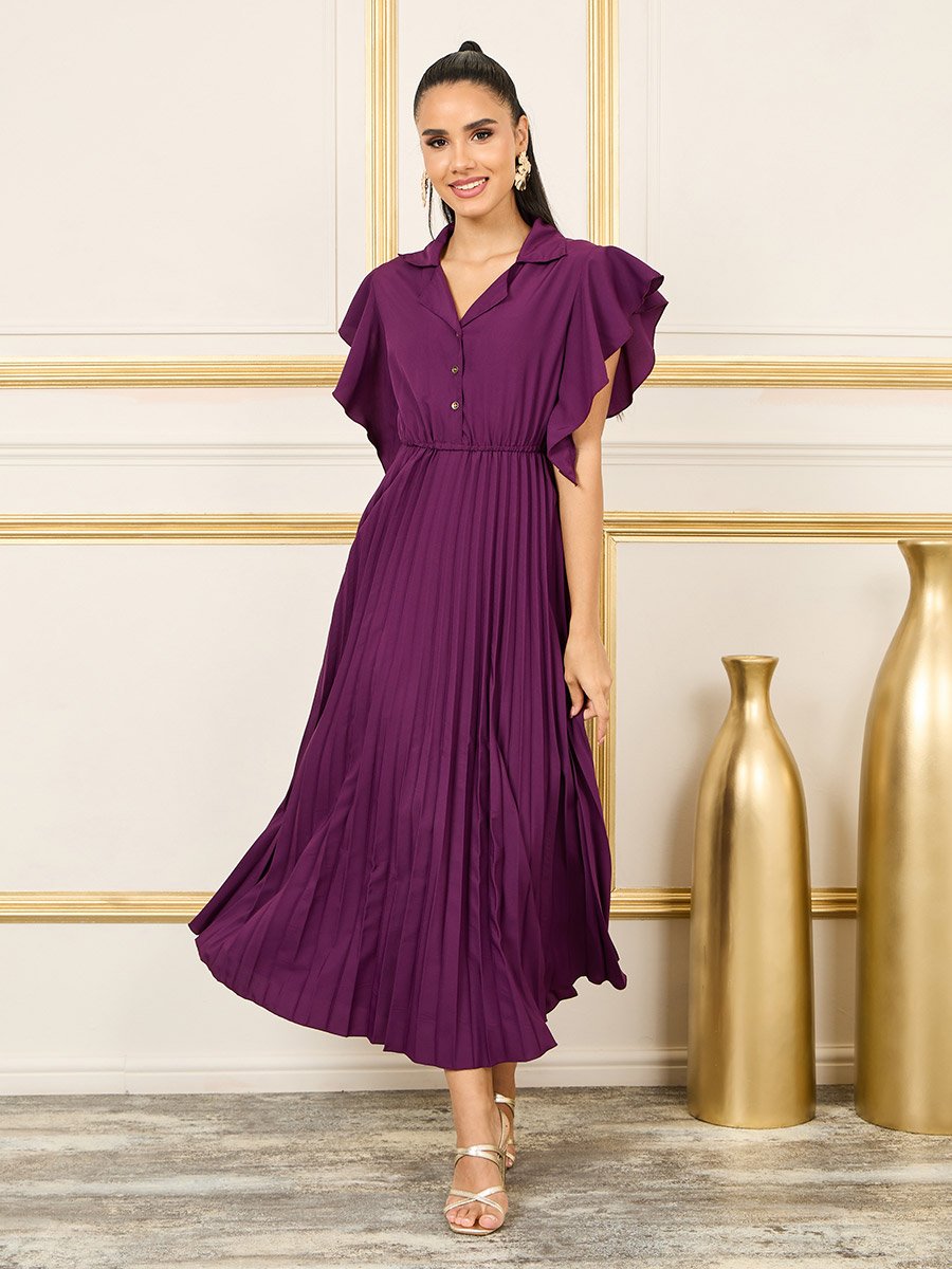 Purple Pleated Maxi Dress with Frill Sleeves