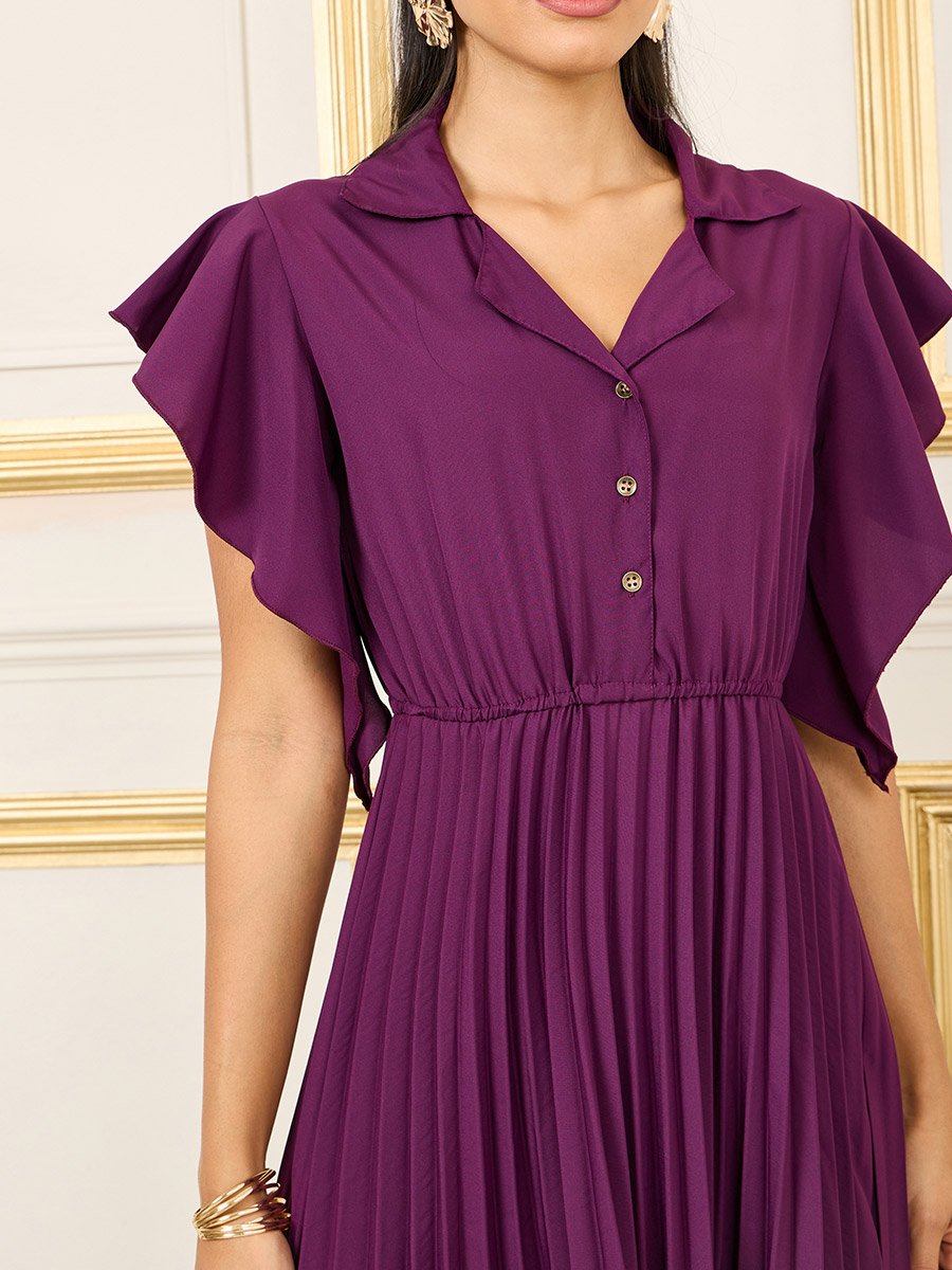 Purple Pleated Maxi Dress with Frill Sleeves