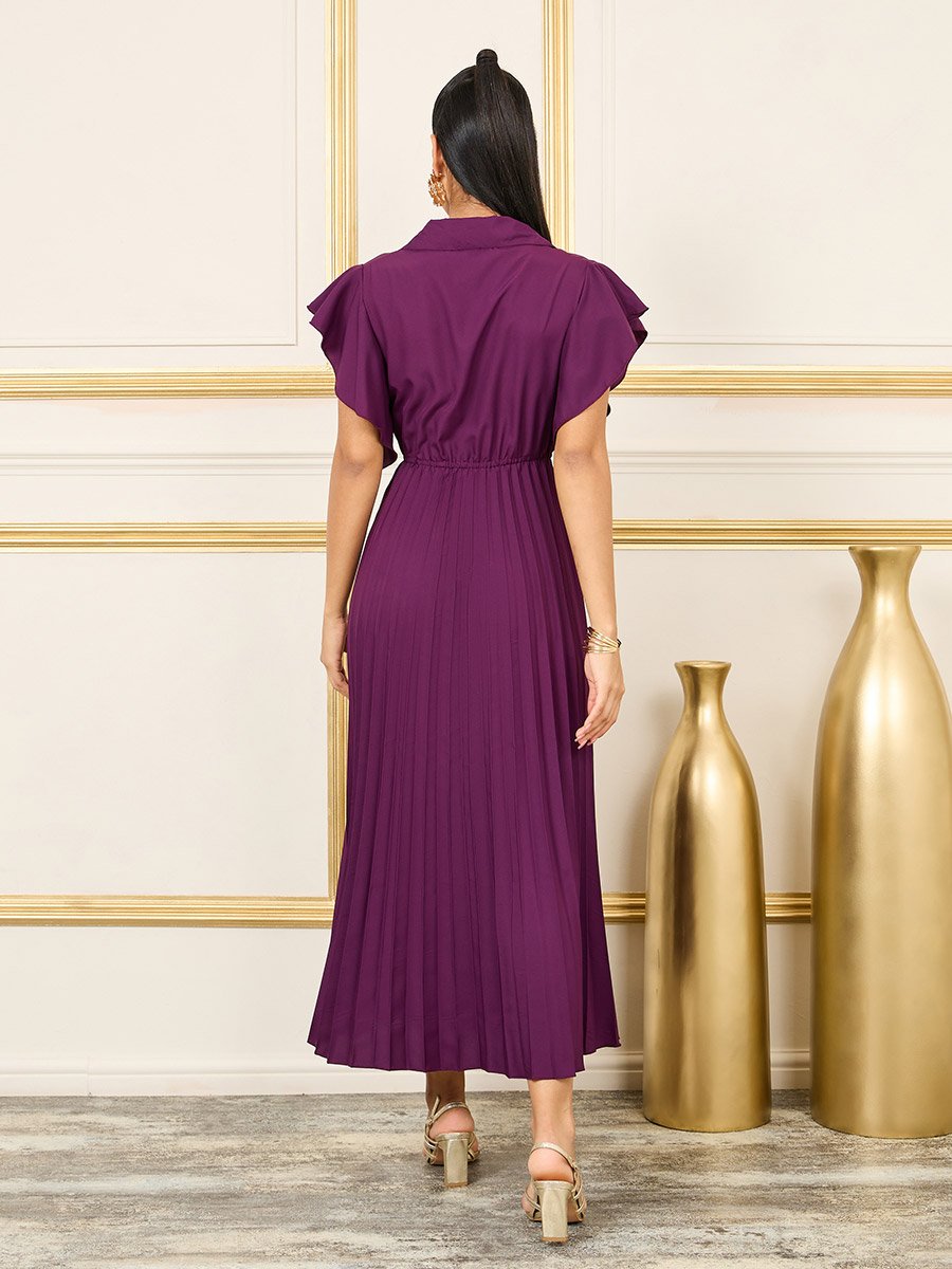 Purple Pleated Maxi Dress with Frill Sleeves