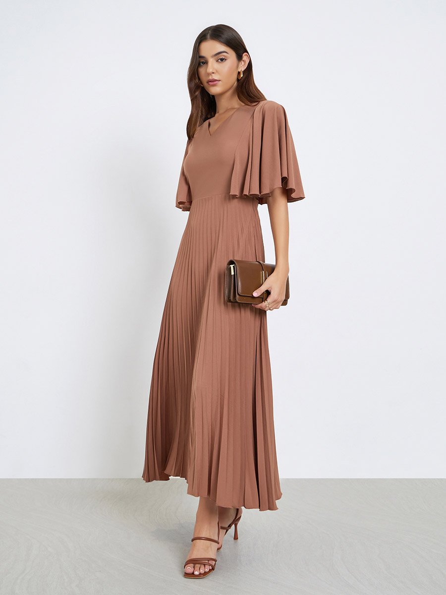 Pleated Crepe A-Line Maxi Dress with Frill Sleeves