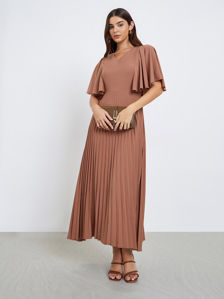 Pleated Crepe A-Line Maxi Dress with Frill Sleeves