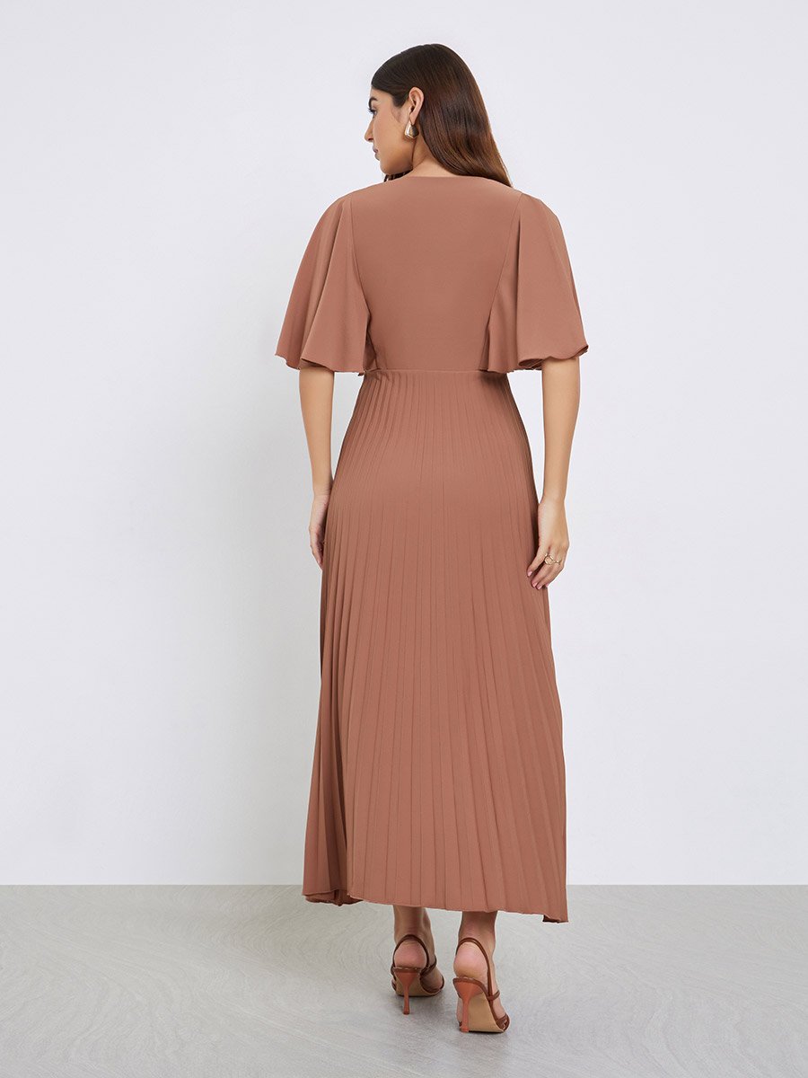 Pleated Crepe A-Line Maxi Dress with Frill Sleeves