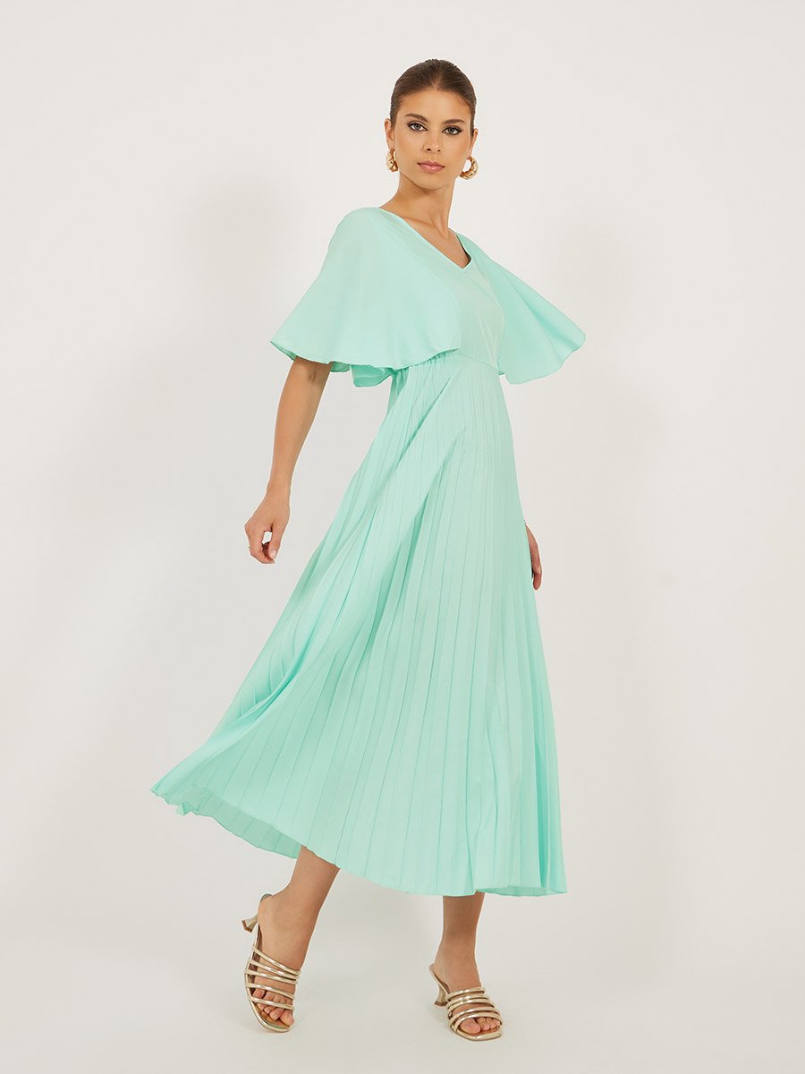 Pleated Crepe A-Line Maxi Dress with Frill Sleeves