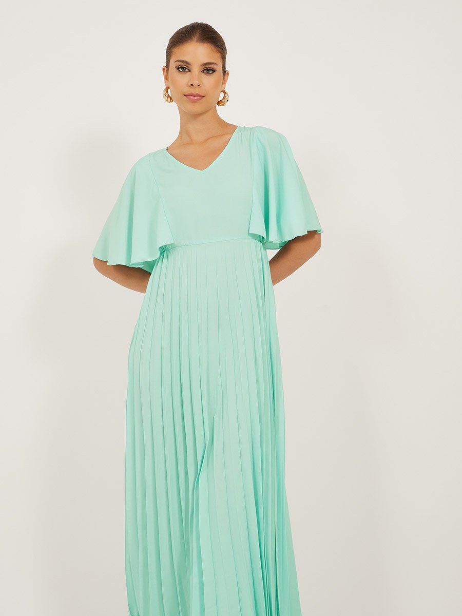 Pleated Crepe A-Line Maxi Dress with Frill Sleeves