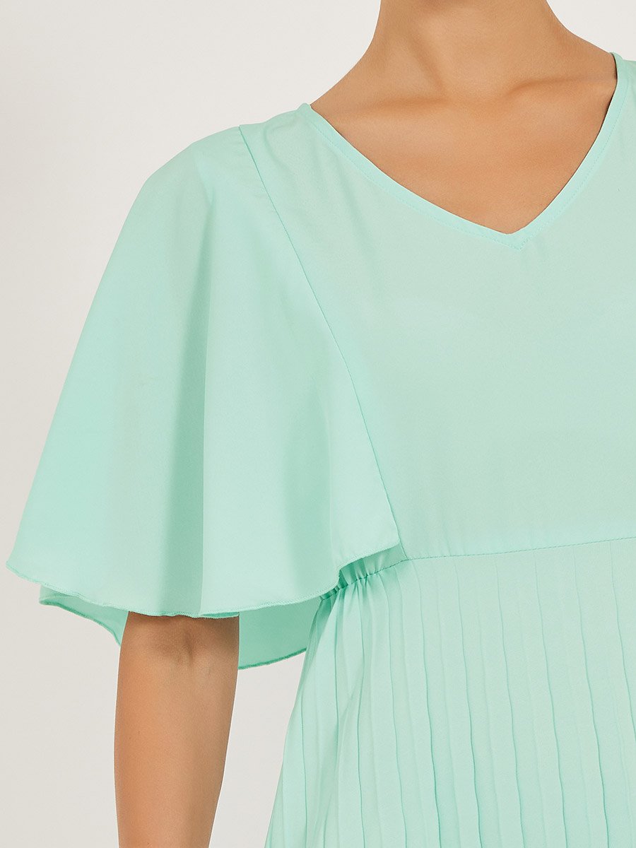 Pleated Crepe A-Line Maxi Dress with Frill Sleeves
