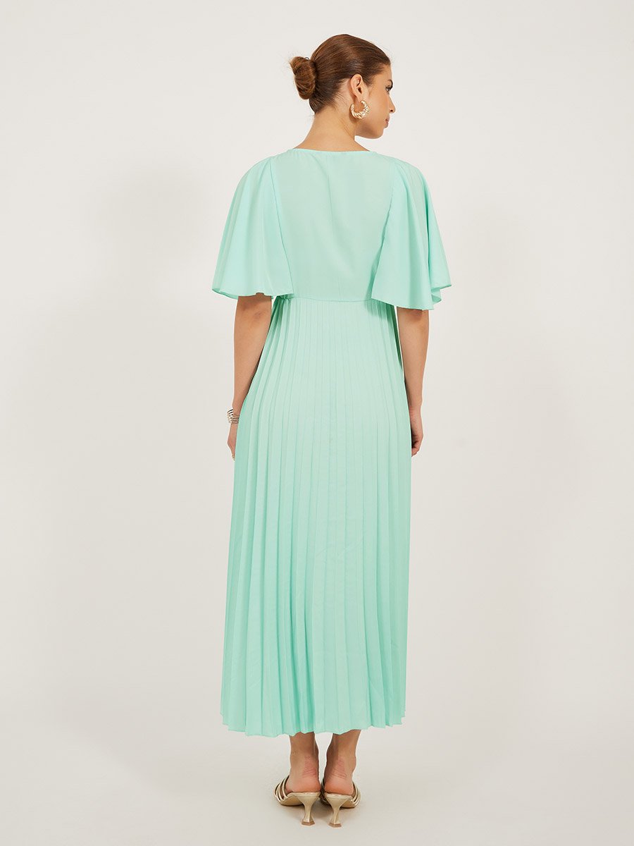 Pleated Crepe A-Line Maxi Dress with Frill Sleeves