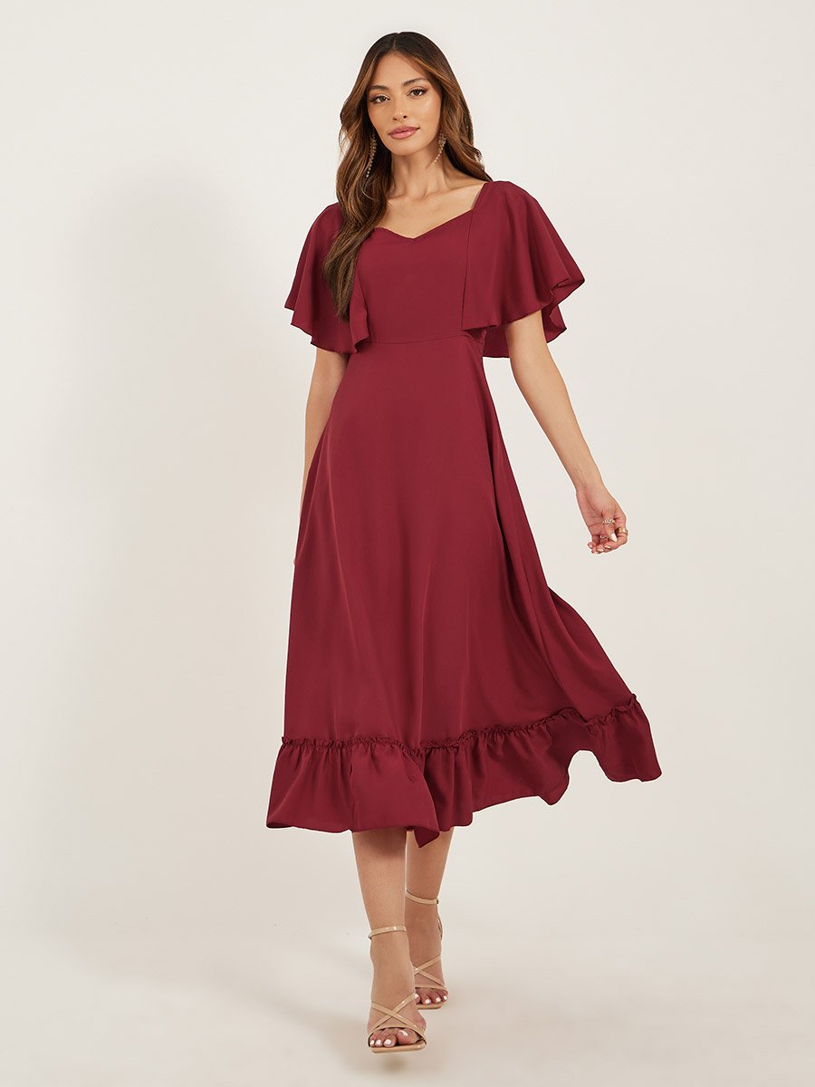 Solid Sweetheart Neck Cape Sleeves A-Line Midi Dress