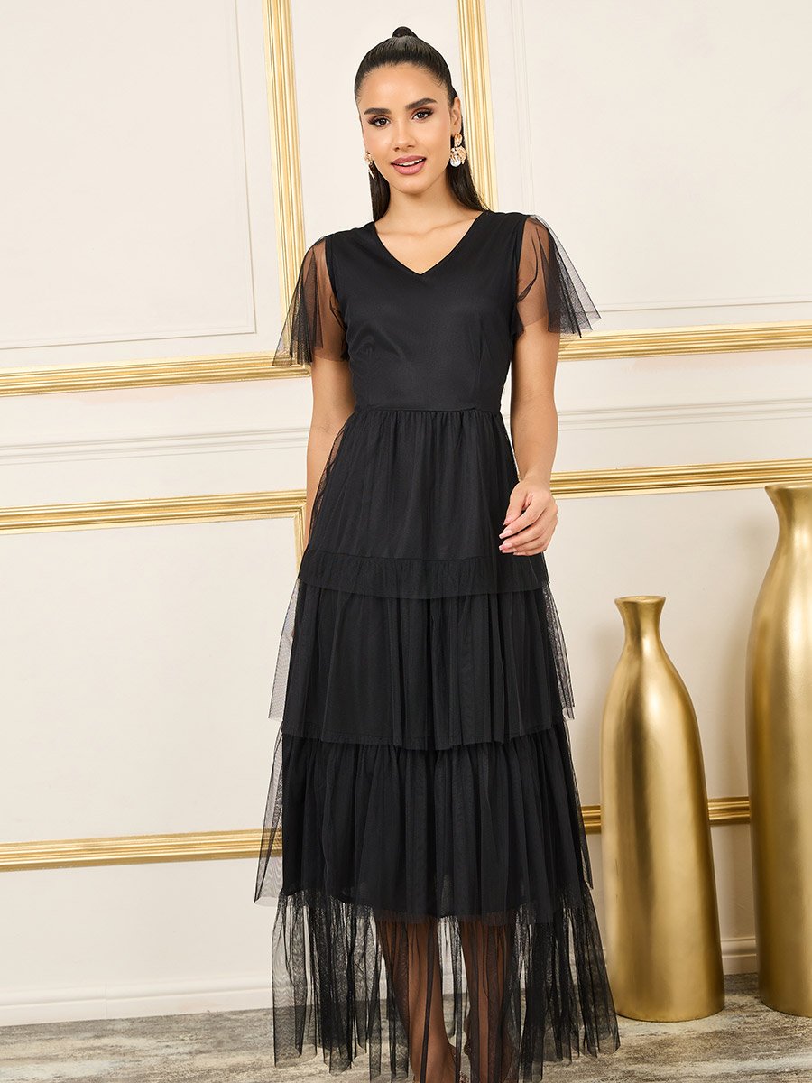 Mesh Ruffle Layered Tiered Midi Dress