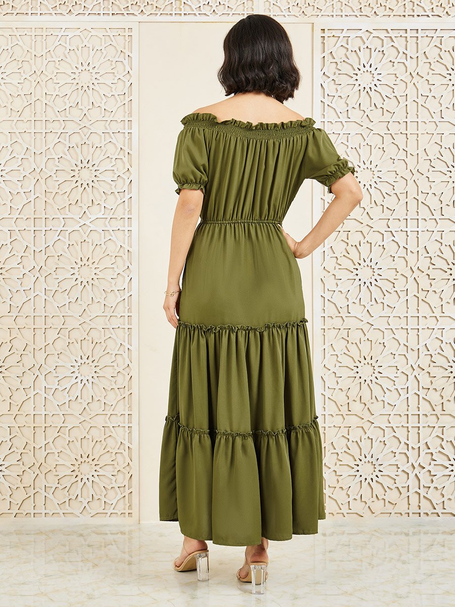 Off Shoulder Ruffle Detail Tiered Maxi Dress