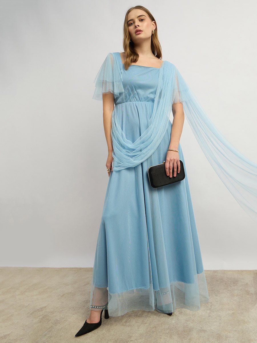Mesh Layered Sleeve Square Neck A-Line Maxi Dress