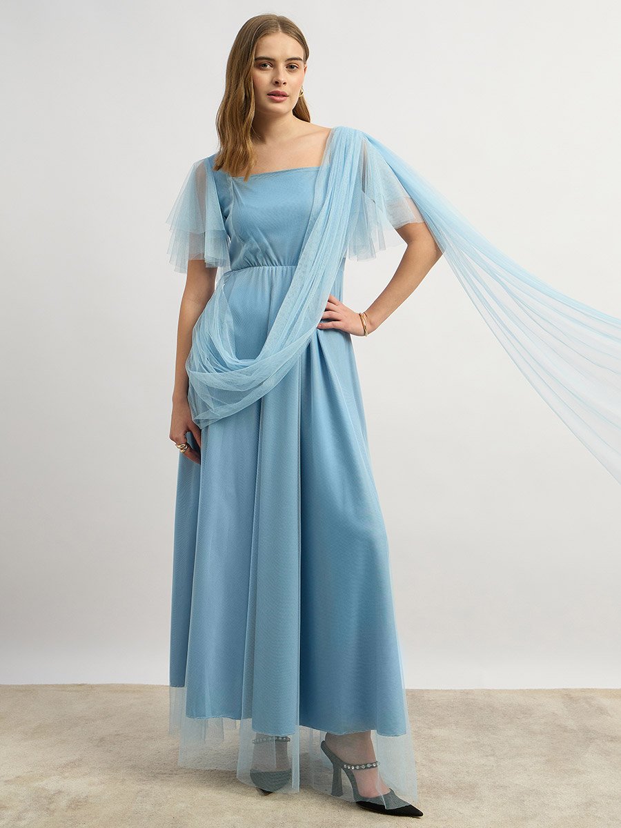 Mesh Layered Sleeve Square Neck A-Line Maxi Dress