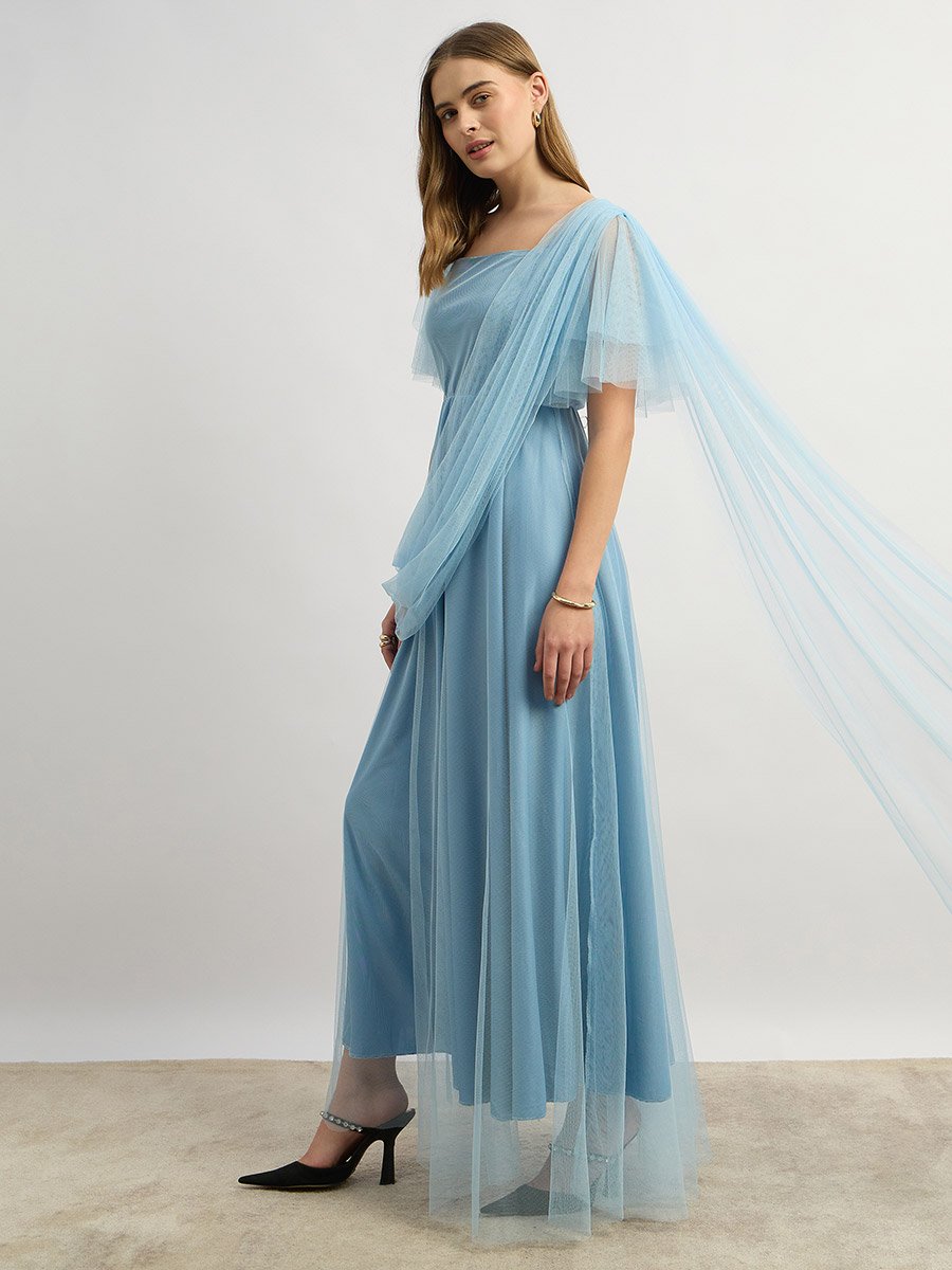 Mesh Layered Sleeve Square Neck A-Line Maxi Dress