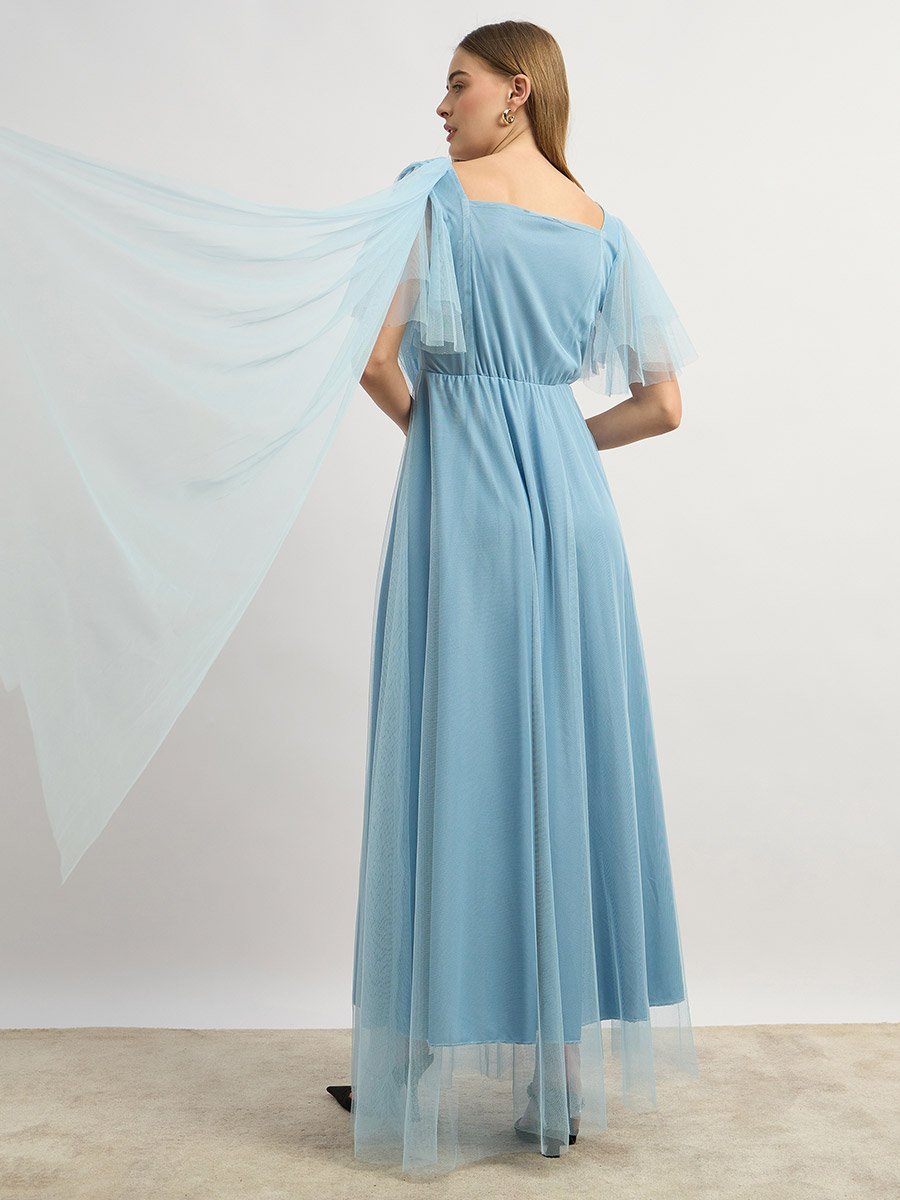 Mesh Layered Sleeve Square Neck A-Line Maxi Dress