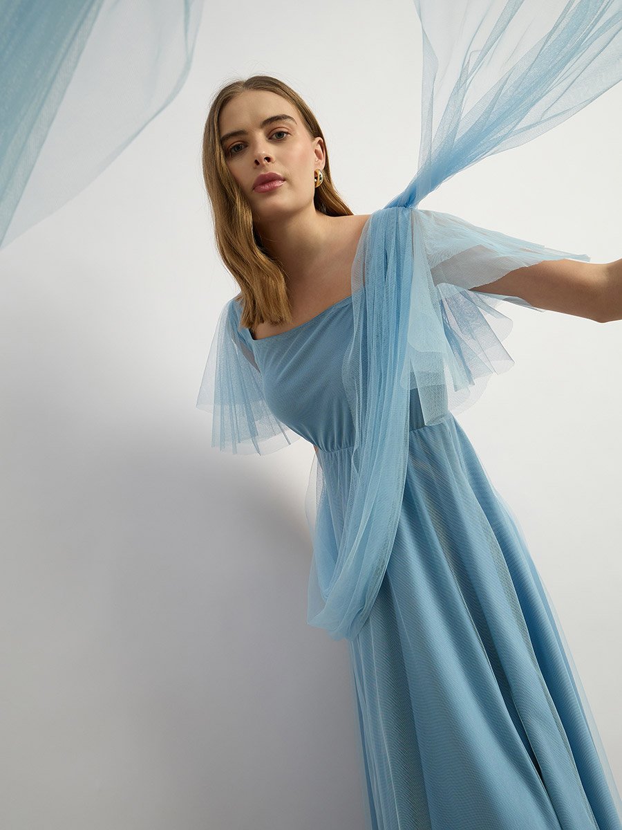 Mesh Layered Sleeve Square Neck A-Line Maxi Dress