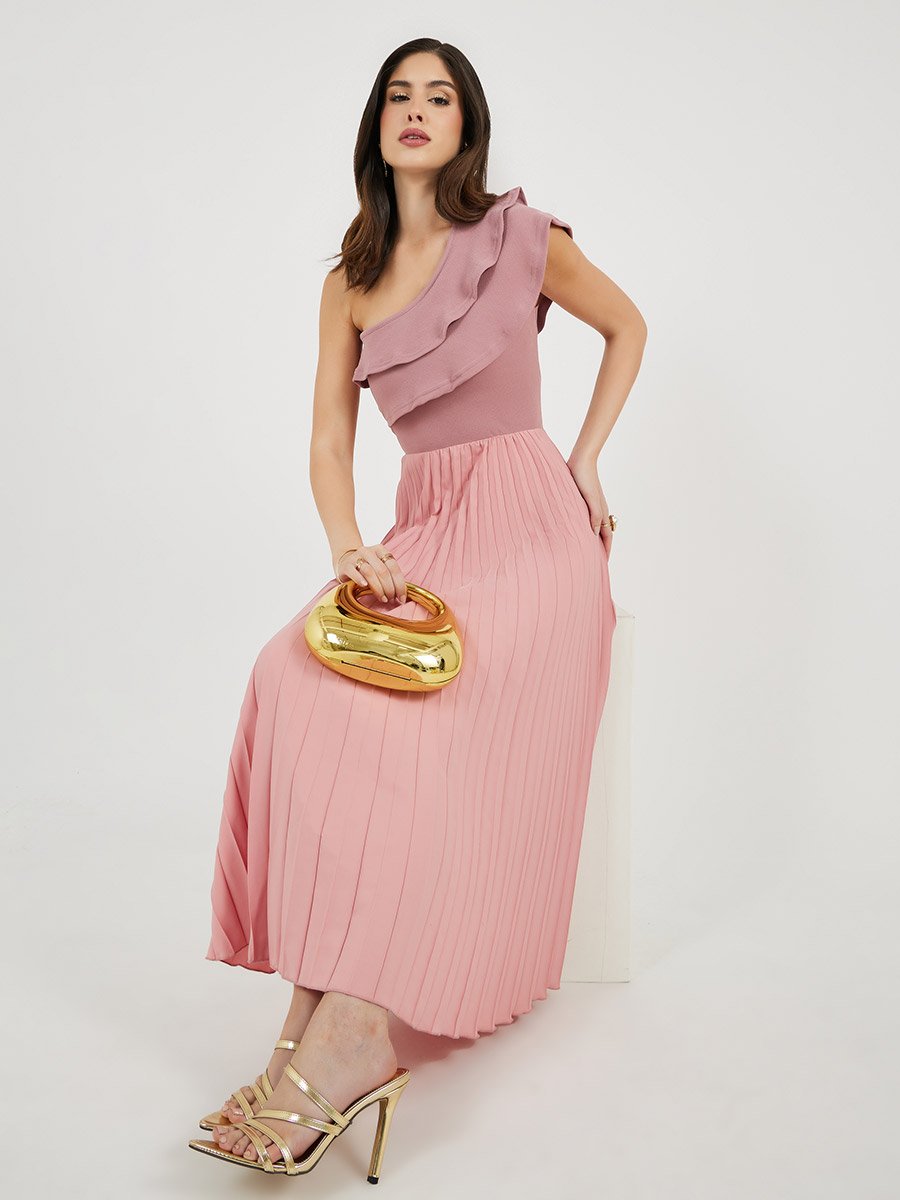 Pleated Detail Ruffled One Shoulder Maxi Dress