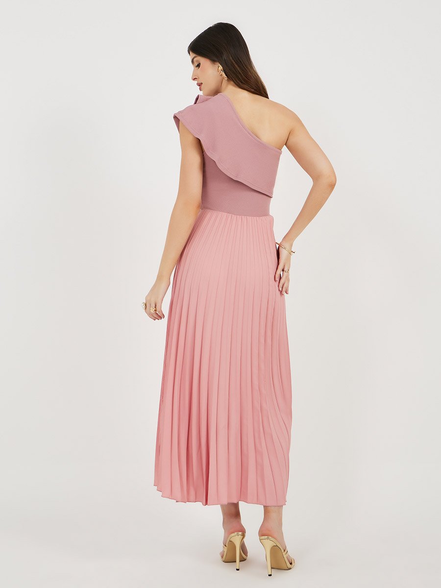 Pleated Detail Ruffled One Shoulder Maxi Dress