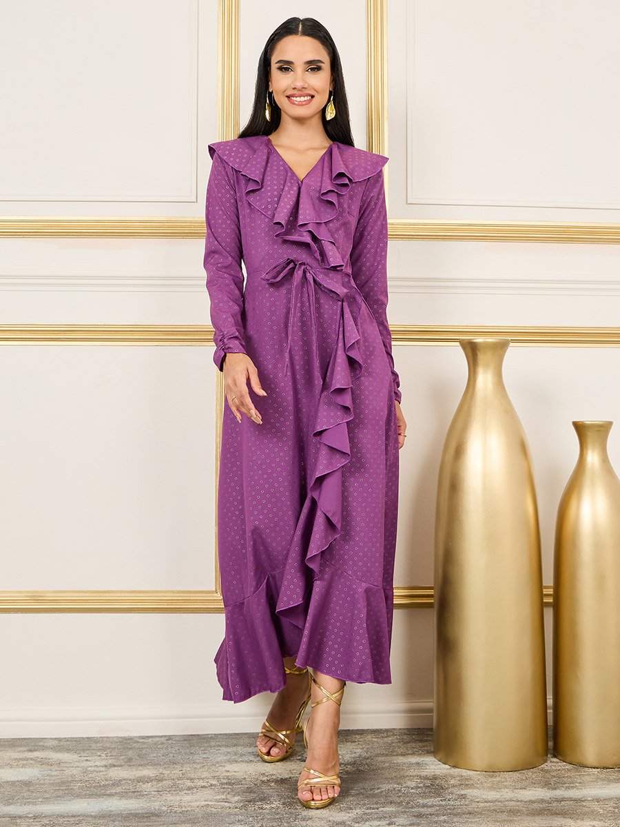 Embellished Asymmetric Hem Frill Detail Maxi Dress For Women at UAE | Styli Embellished Asymmetric Hem Frill Detail Maxi Dress For Women at UAE | Styli