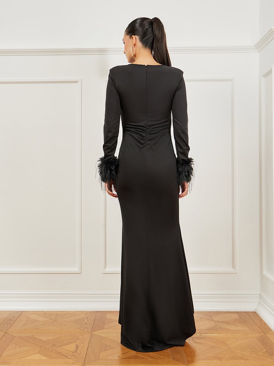Gathered Front Faux Fur Detail Maxi Dress