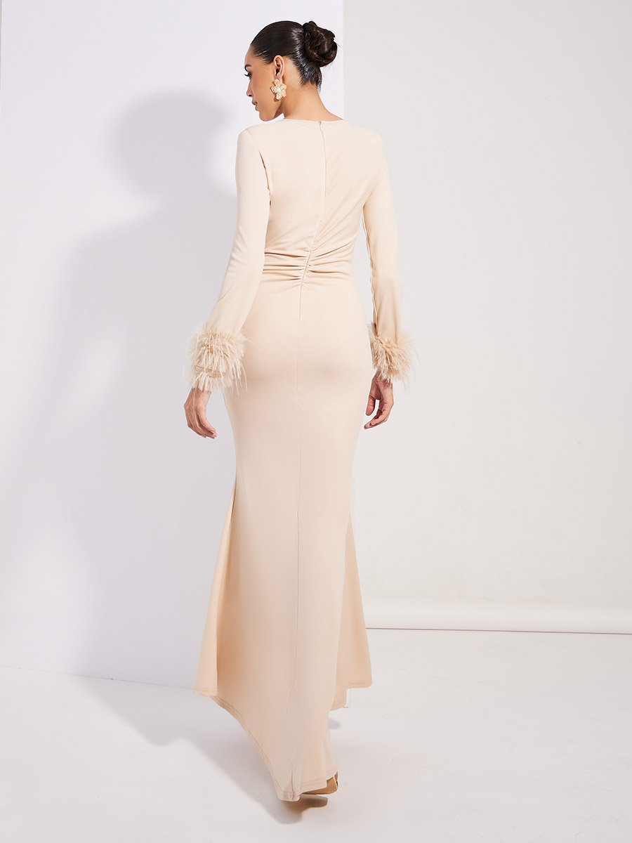 Gathered Front Faux Fur Detail Maxi Dress