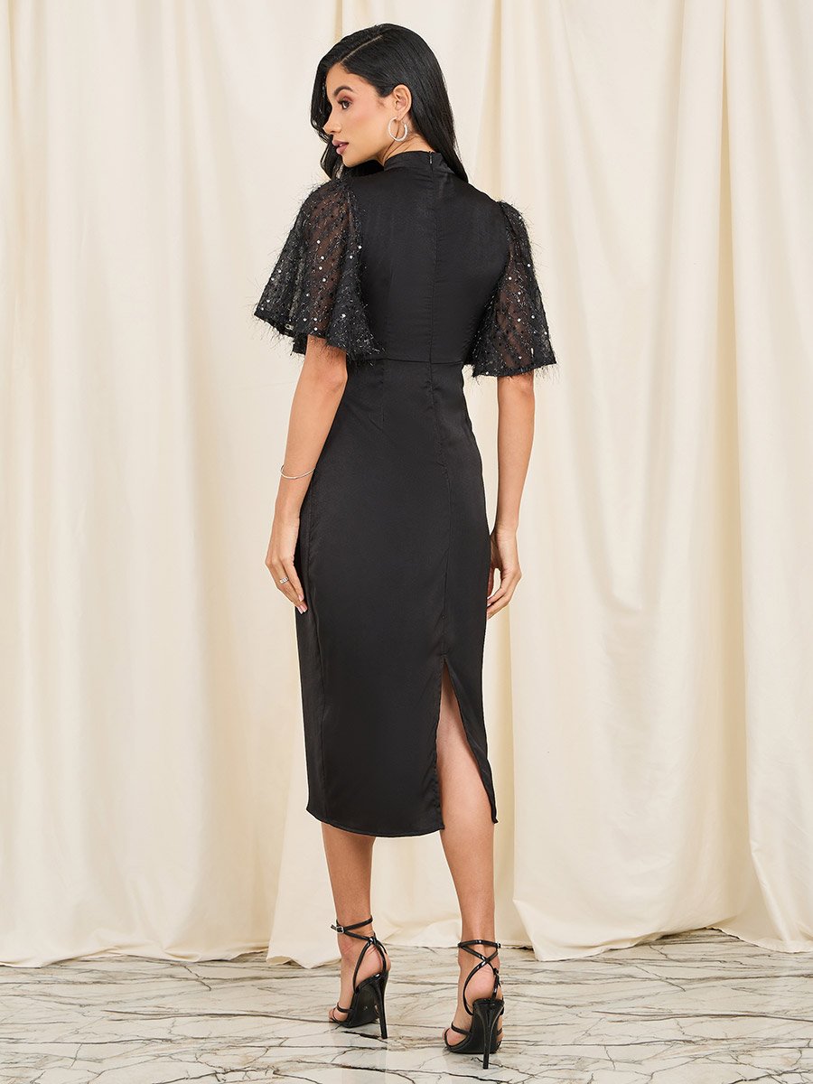 Tassel Sequin Sleeves High Neck Bodycon Midi Dress
