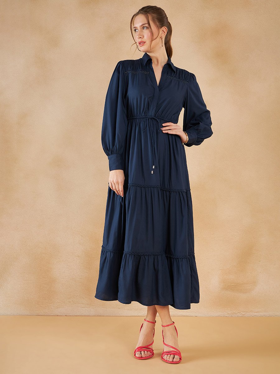 Lace Ladder Insert Tiered Maxi Shirt Dress For Women at Saudi | Styli