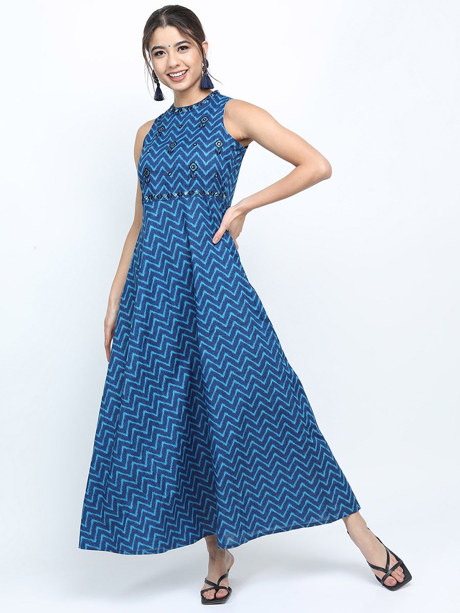 Embroidered Zigzag Print High Neck A-Line Maxi Dress For Women at UAE |  Styli
