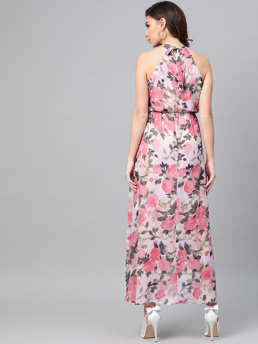 فستان طويل مطبع بزهور مع ياقة هولتر