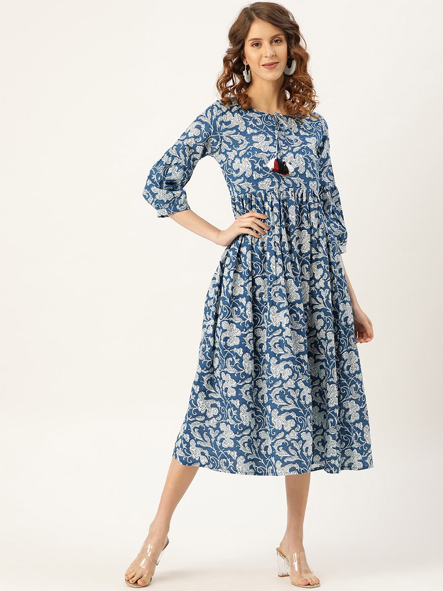 Floral Print Gathered Detail Midi Dress with Tie Up Neck Tassel Detail