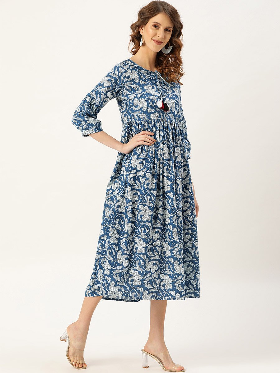 Floral Print Gathered Detail Midi Dress with Tie Up Neck Tassel Detail