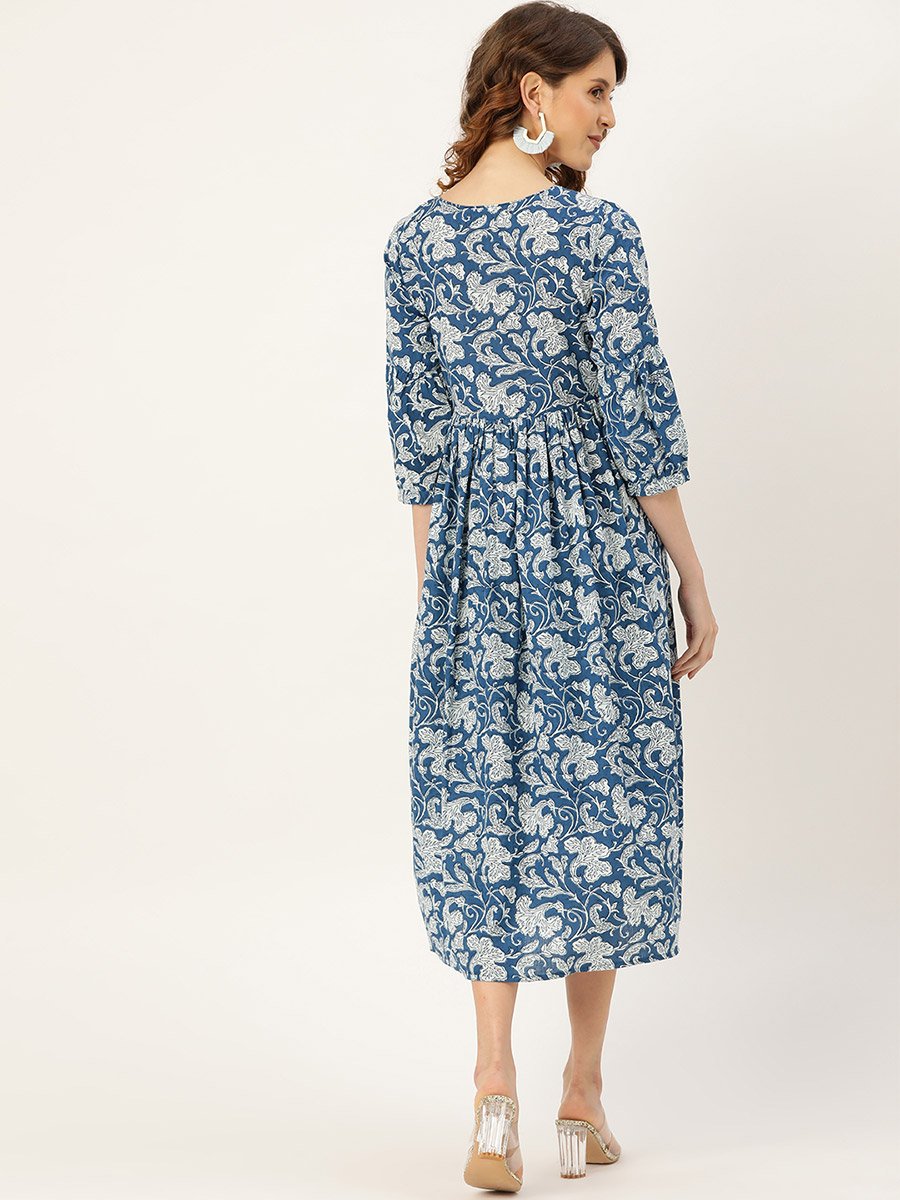 Floral Print Gathered Detail Midi Dress with Tie Up Neck Tassel Detail
