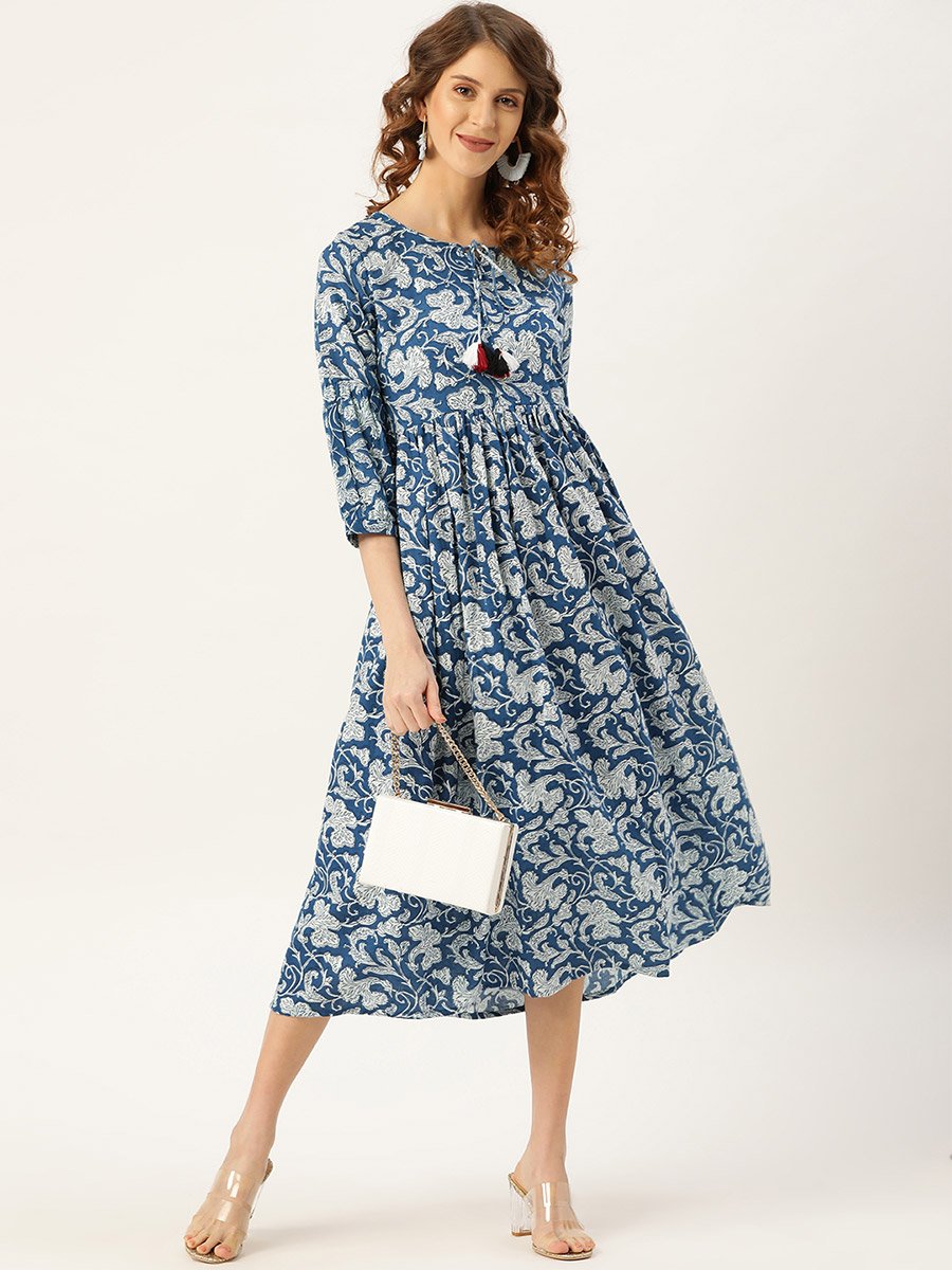 Floral Print Gathered Detail Midi Dress with Tie Up Neck Tassel Detail