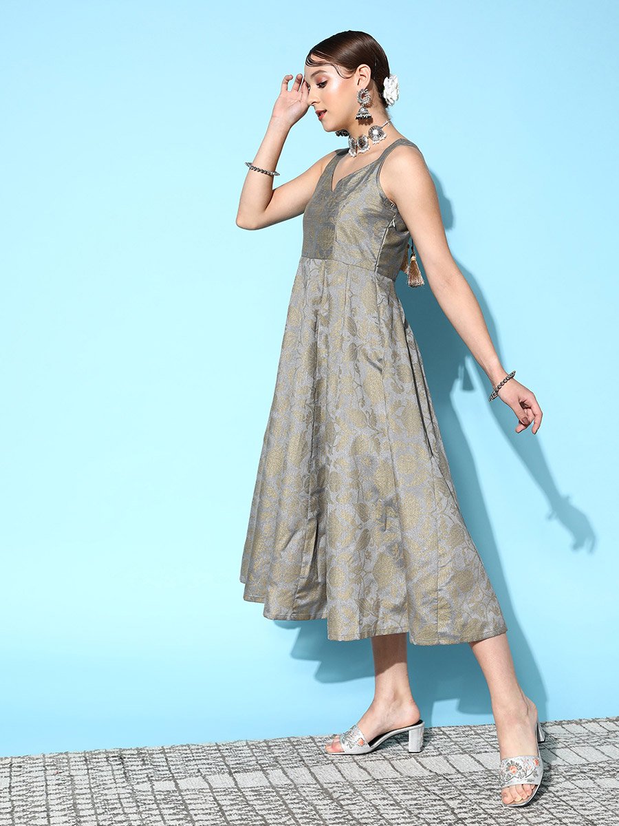 Brocade Floral Print Sweetheart Neck Anarkali Midi Dress