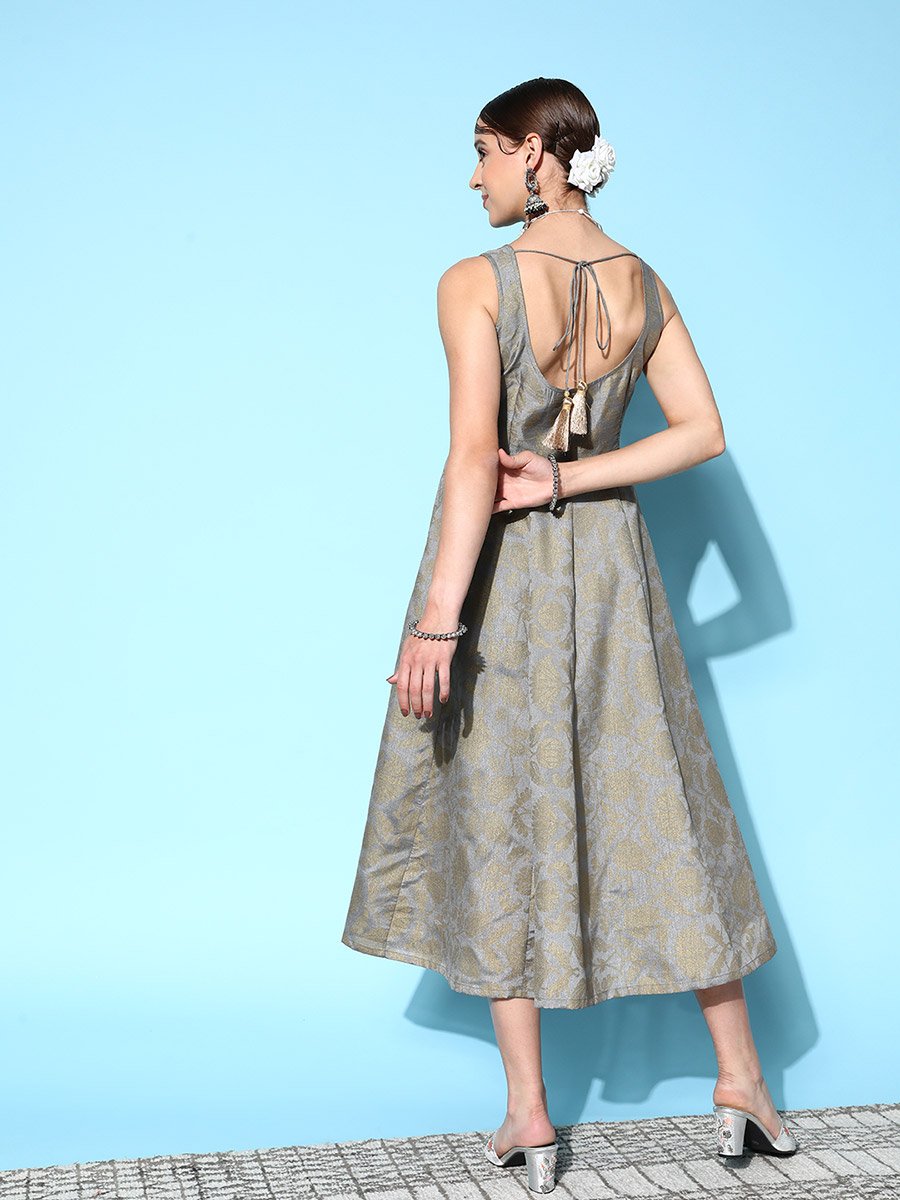 Brocade Floral Print Sweetheart Neck Anarkali Midi Dress