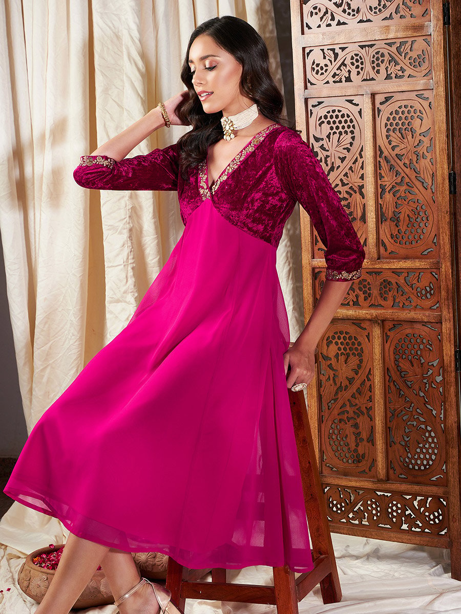 green emerald velvet dress The Alissa Embroidered Velvet Midi Dress In Burgundy main image 0
