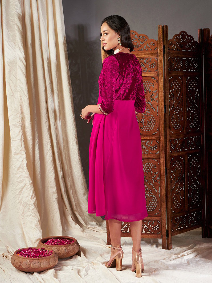 Velvet Embroidered V-Neck A-Line Midi Dress For Women at Saudi | Styli Velvet Embroidered V-Neck A-Line Midi Dress For Women at Saudi | Styli