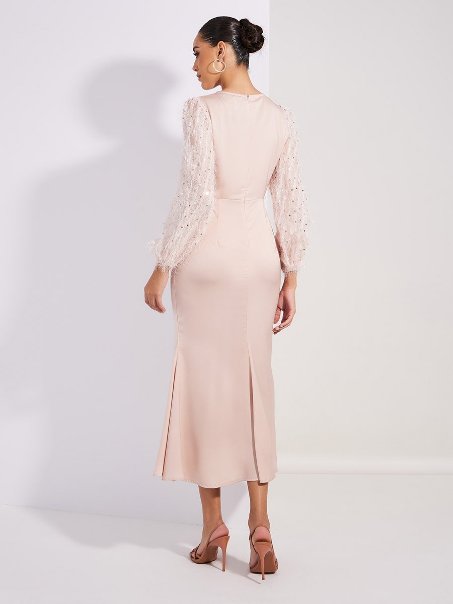 chinese dress ladies Mac Duggal - Beige V-Neck Beaded Fringe Embellished Sheath Dress main image 1