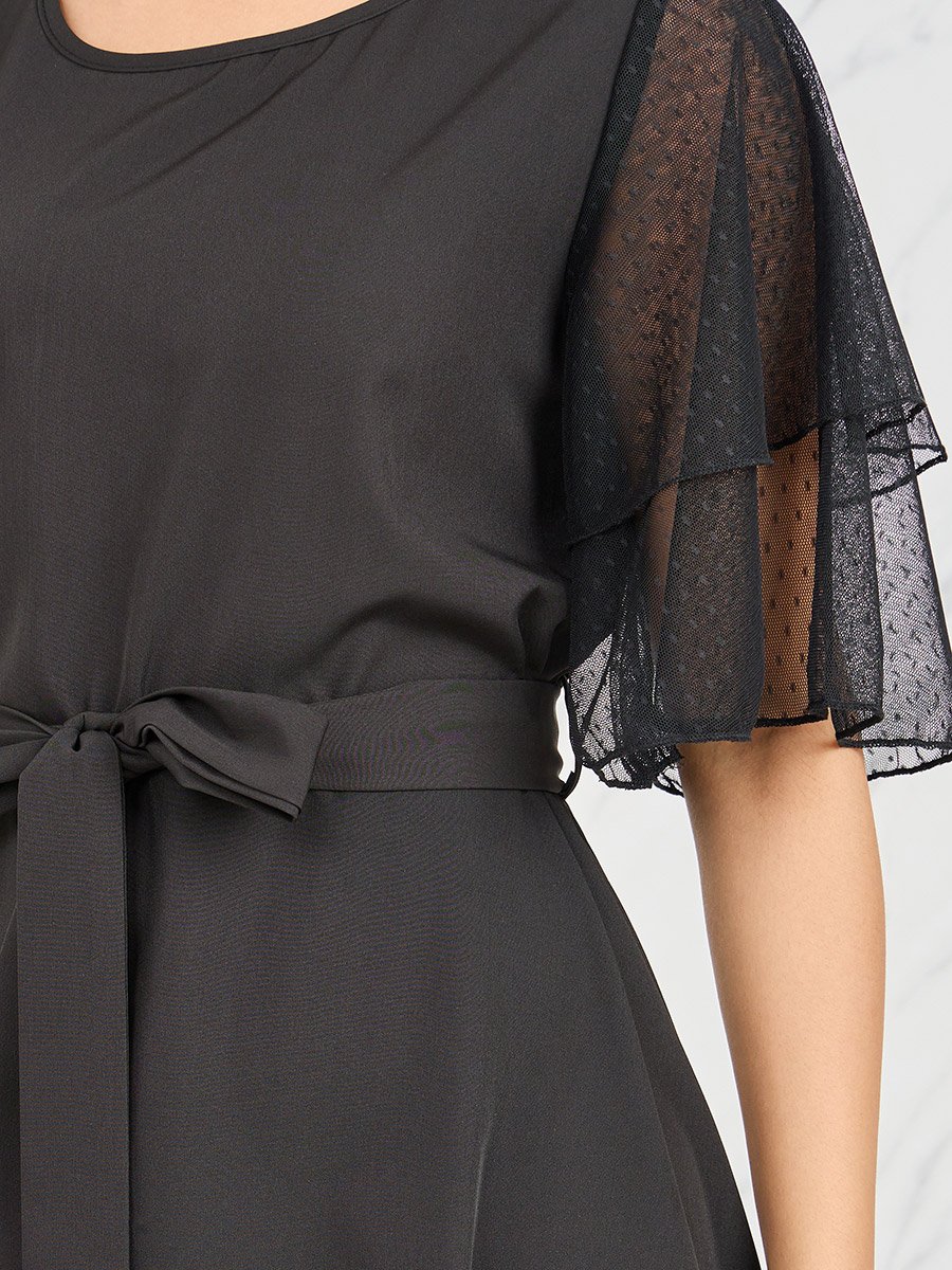 Mesh Dobby Ruffle Sleeves A-Line Midi Dress with Self Tie Up For Women at  Kuwait | Styli