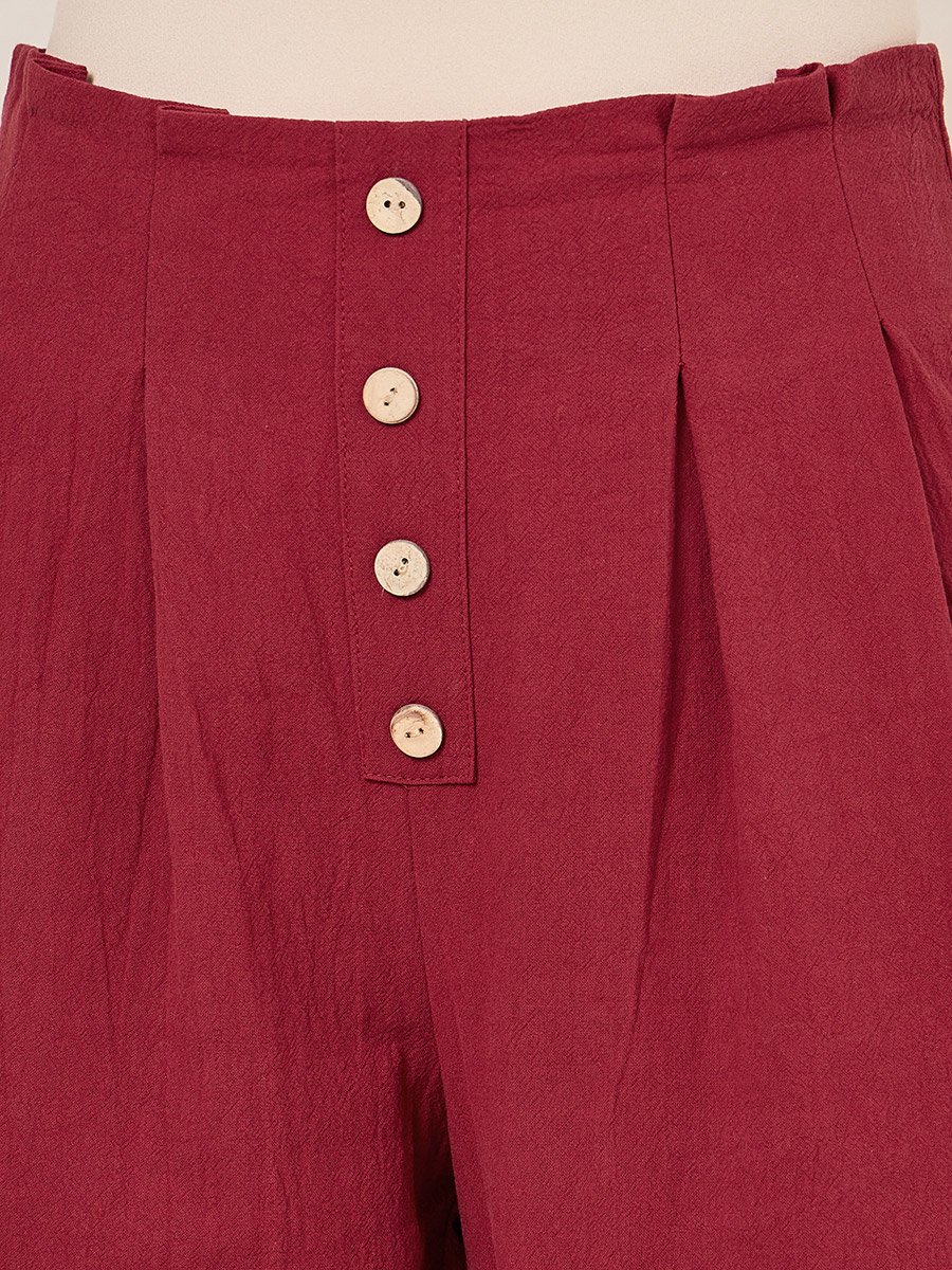 Solid Wide Leg Pants with Box Pleats and Front Button