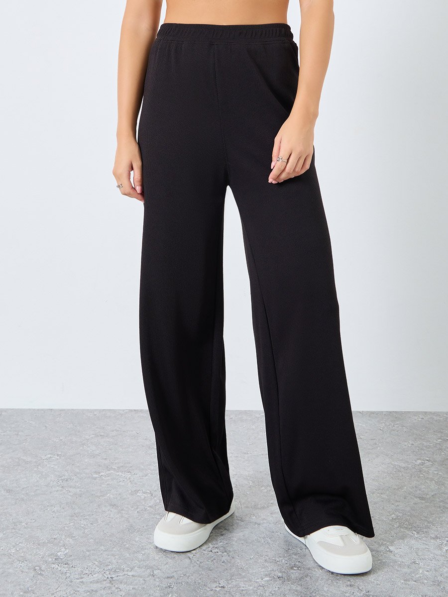 Solid Ribbed Wide Leg Pants