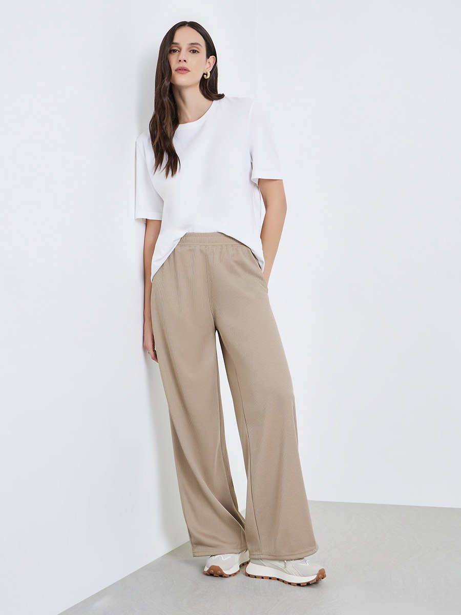 Women Khaki Ribbed Wide Leg Trousers