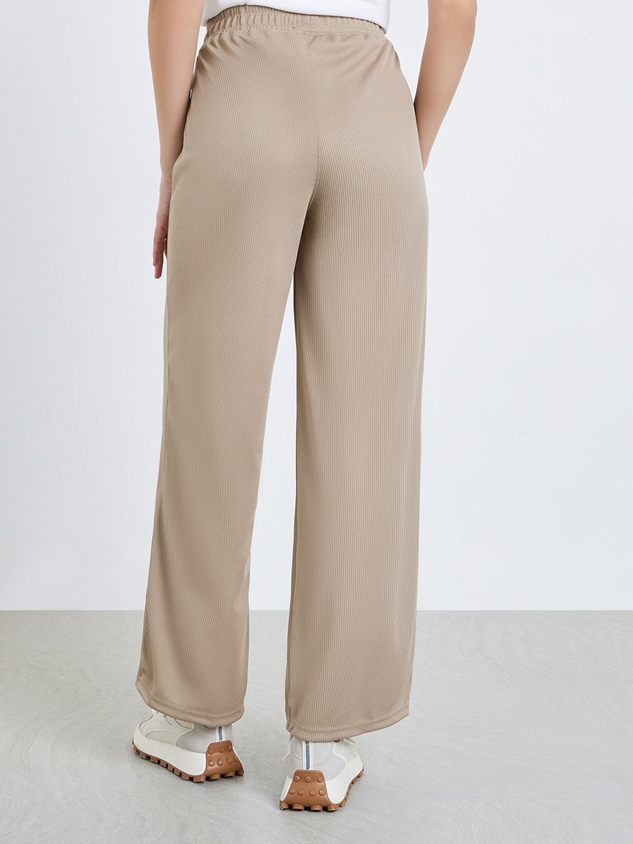 Women Khaki Ribbed Wide Leg Trousers