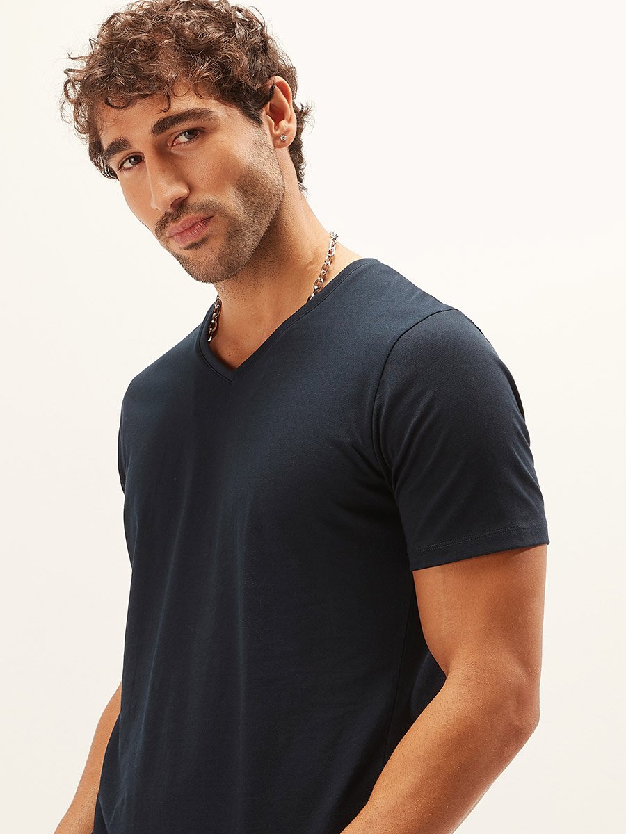 Solid V Neck T-Shirt with Short Sleeves