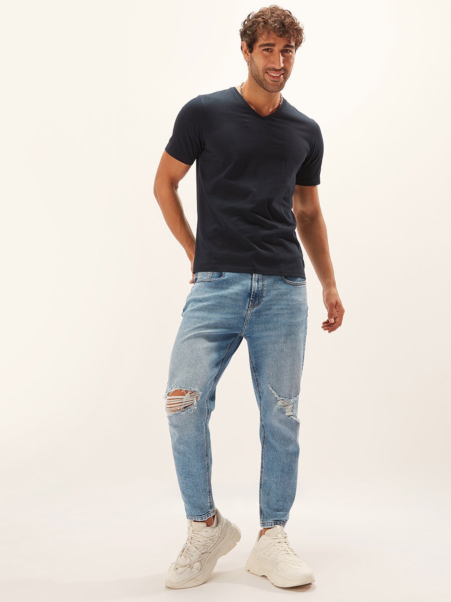 Solid V Neck T-Shirt with Short Sleeves