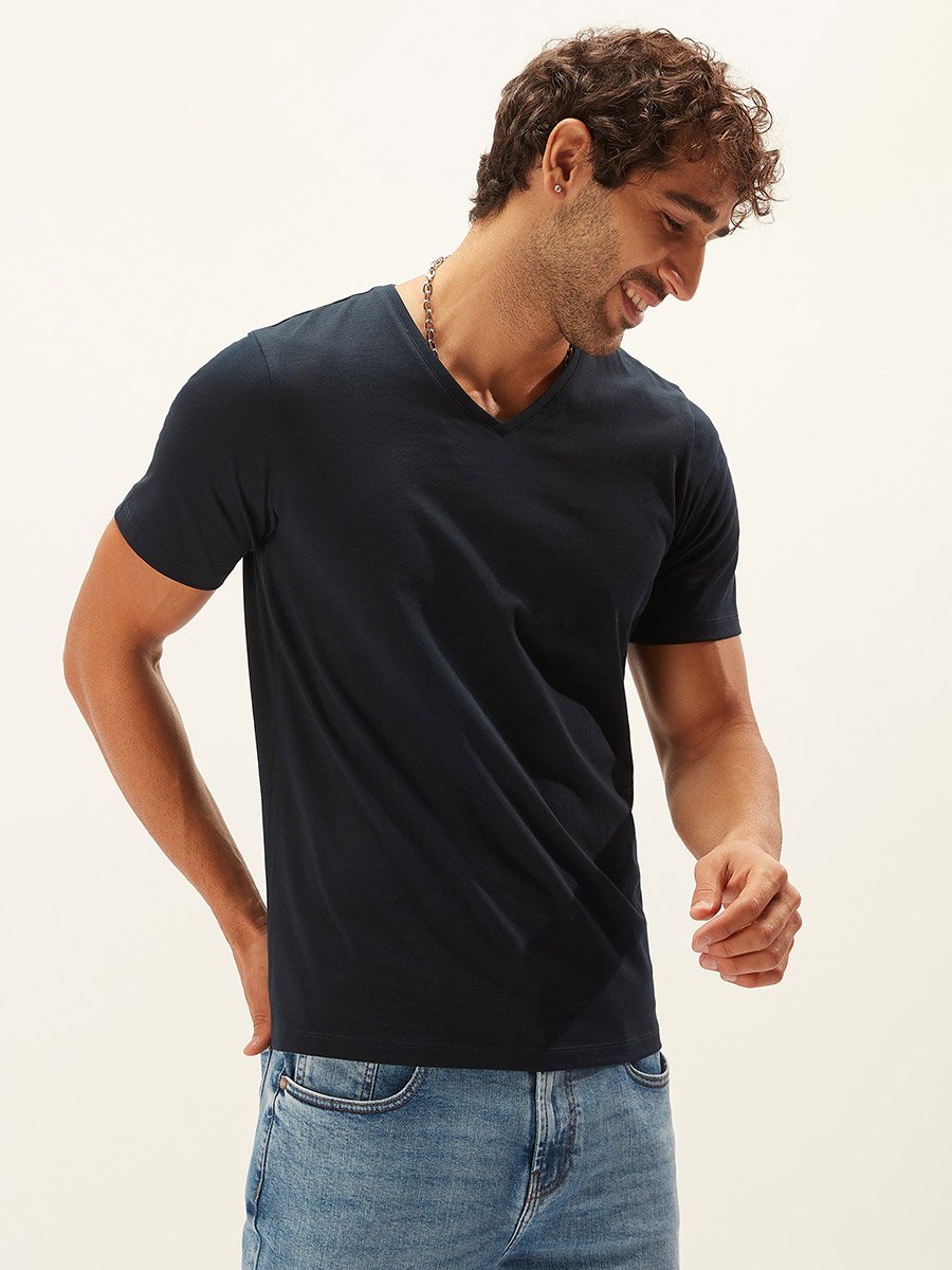 Solid V Neck T-Shirt with Short Sleeves
