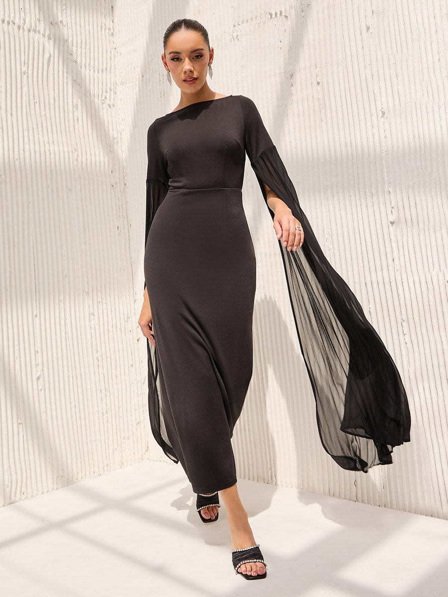 Boat Neck Bodycon Maxi Dress with Pleated Sleeves For Women at UAE | Styli