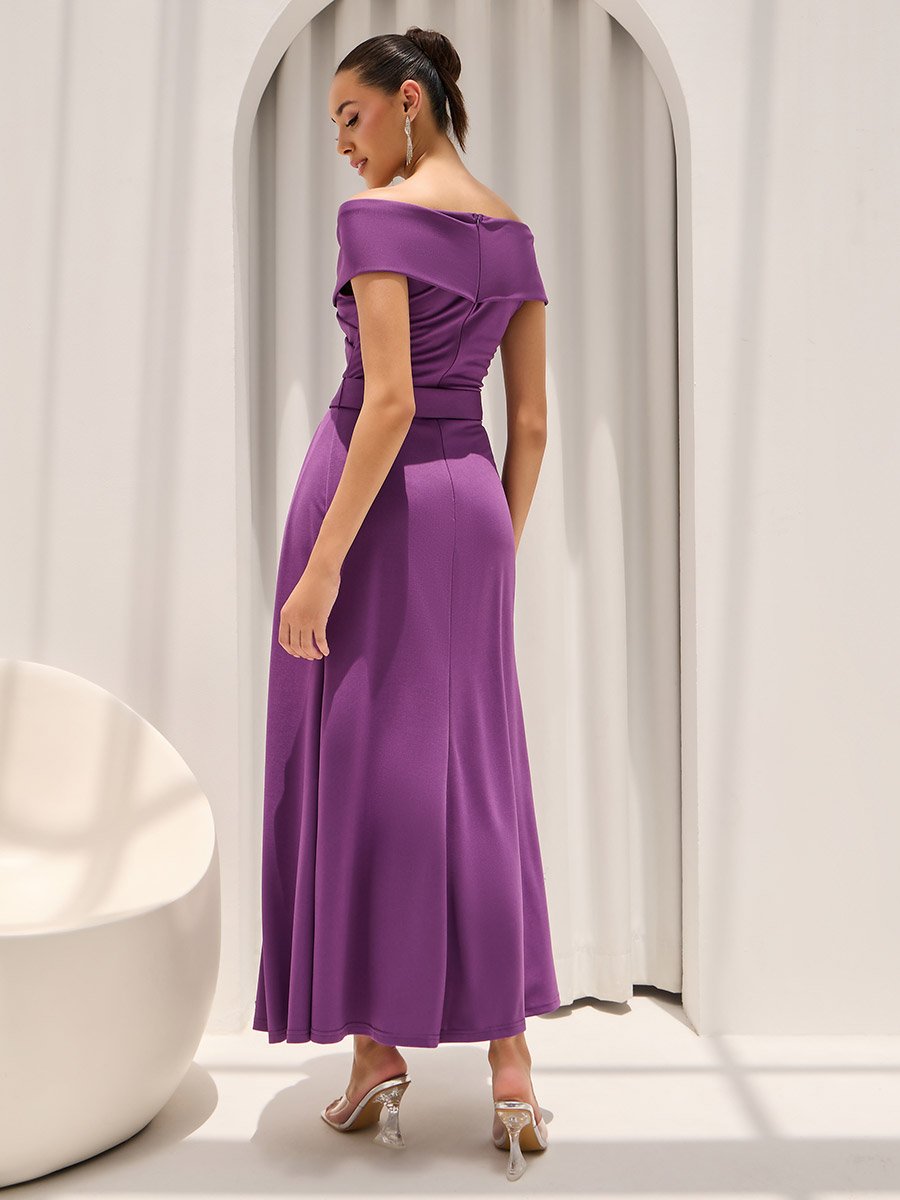 Sequined Off Shoulder Neck Belted Maxi Dress